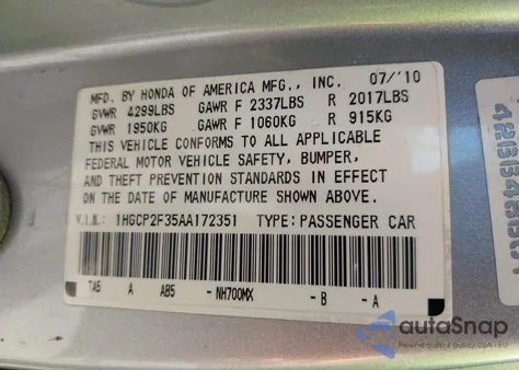 2010 Honda Accord 2.4 Lx from USA, damaged, VIN 1HGCP2F35AA172351
